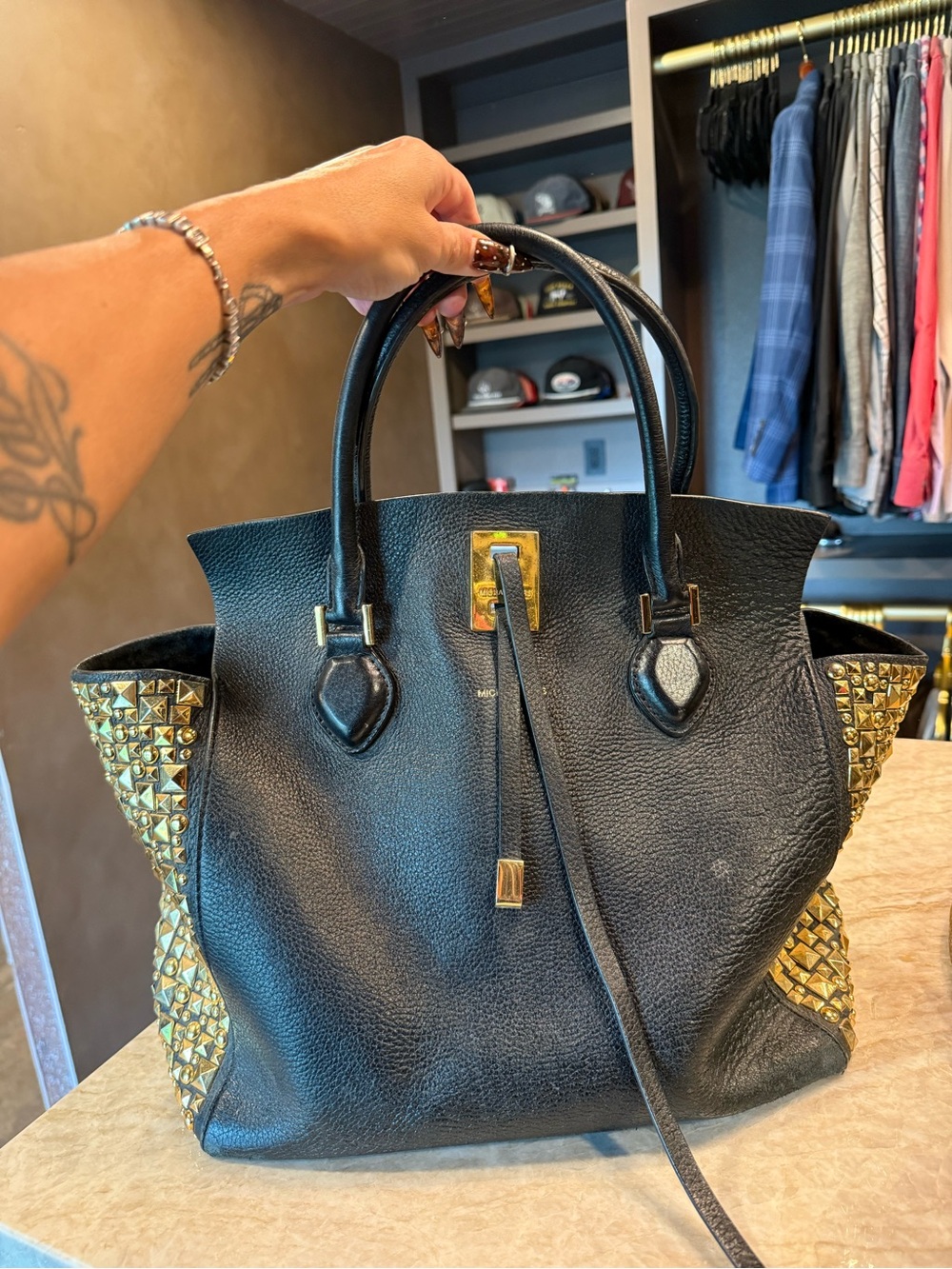 Michael Kors Black Leather Tote with Gold Stud Accents